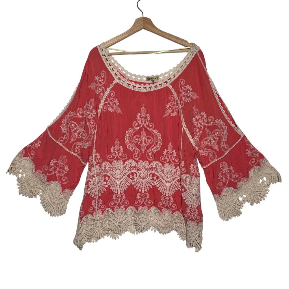 Democracy Coral Boho Crochet Lace Bell Sleeves Blouse Top Sz XL Cottagecore